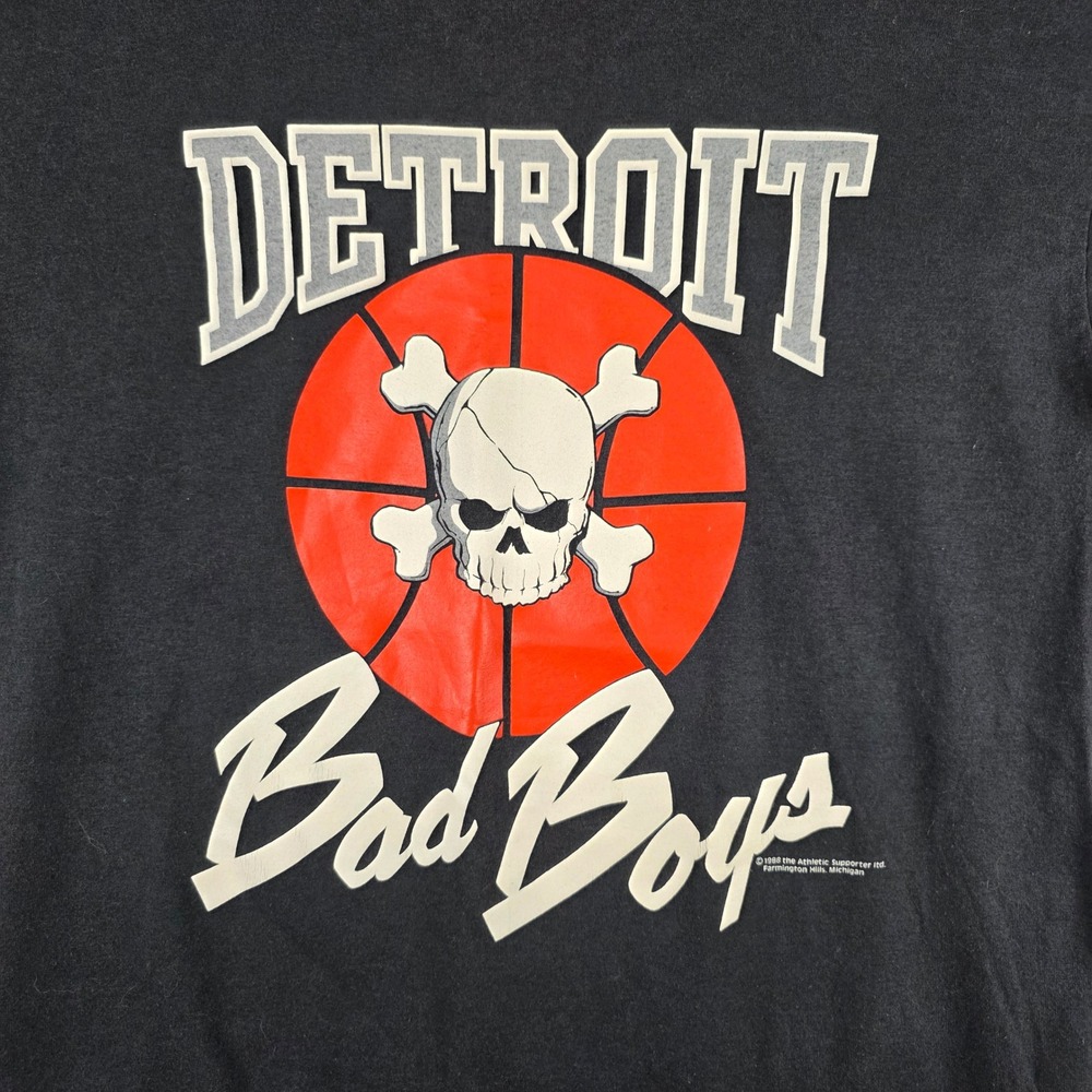 Vintage 1988 Detroit Bad Boys Basketball T-Shirt Black Single Stitch Mens Medium - Picture 2 of 8